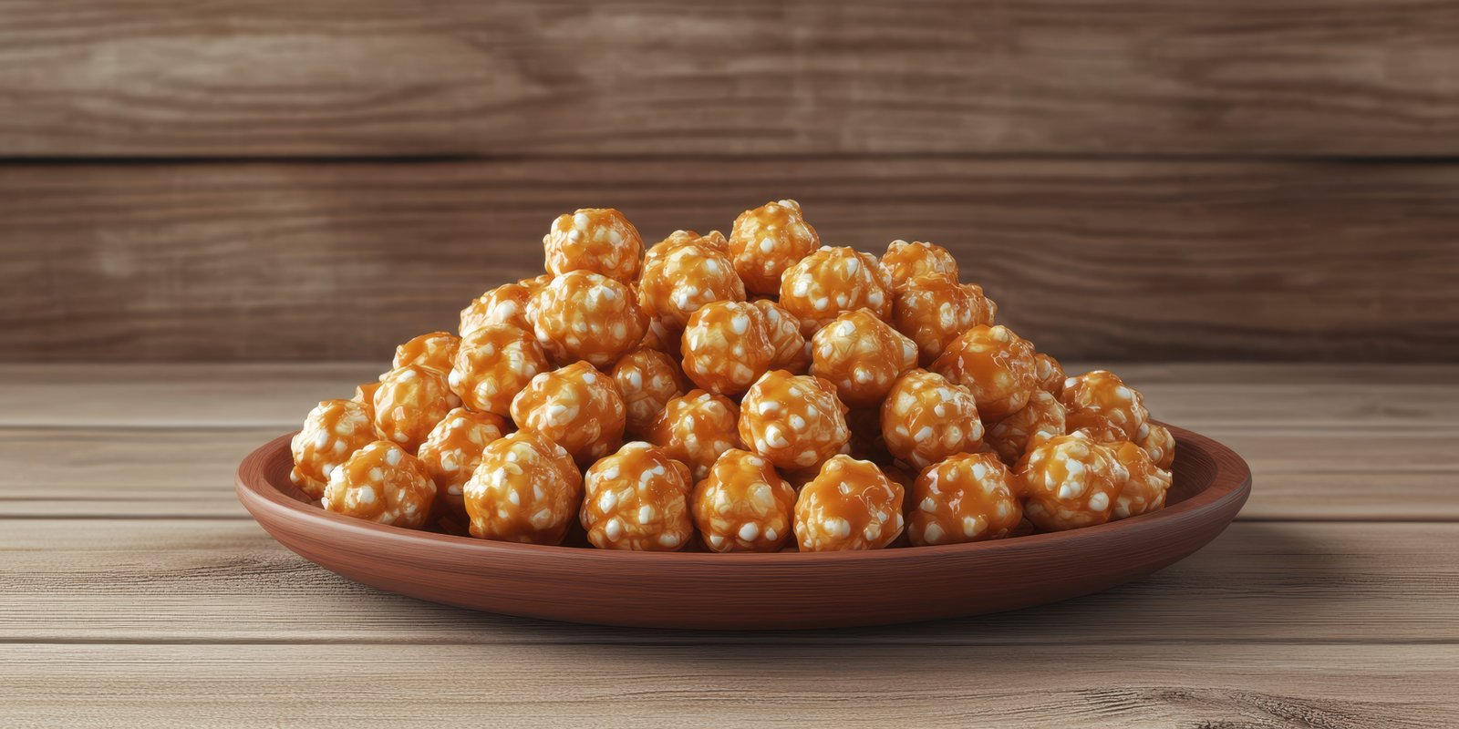 Sweet caramel popcorn arranged neatly on a wooden plate with a rustic background in a cozy setting